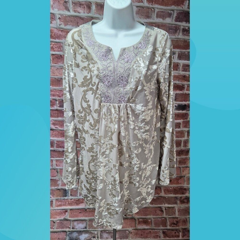 Indigo Soul Sheer Burnout Floral Tunic Top Medium Tan‎ Boho Long Sleeve Layering